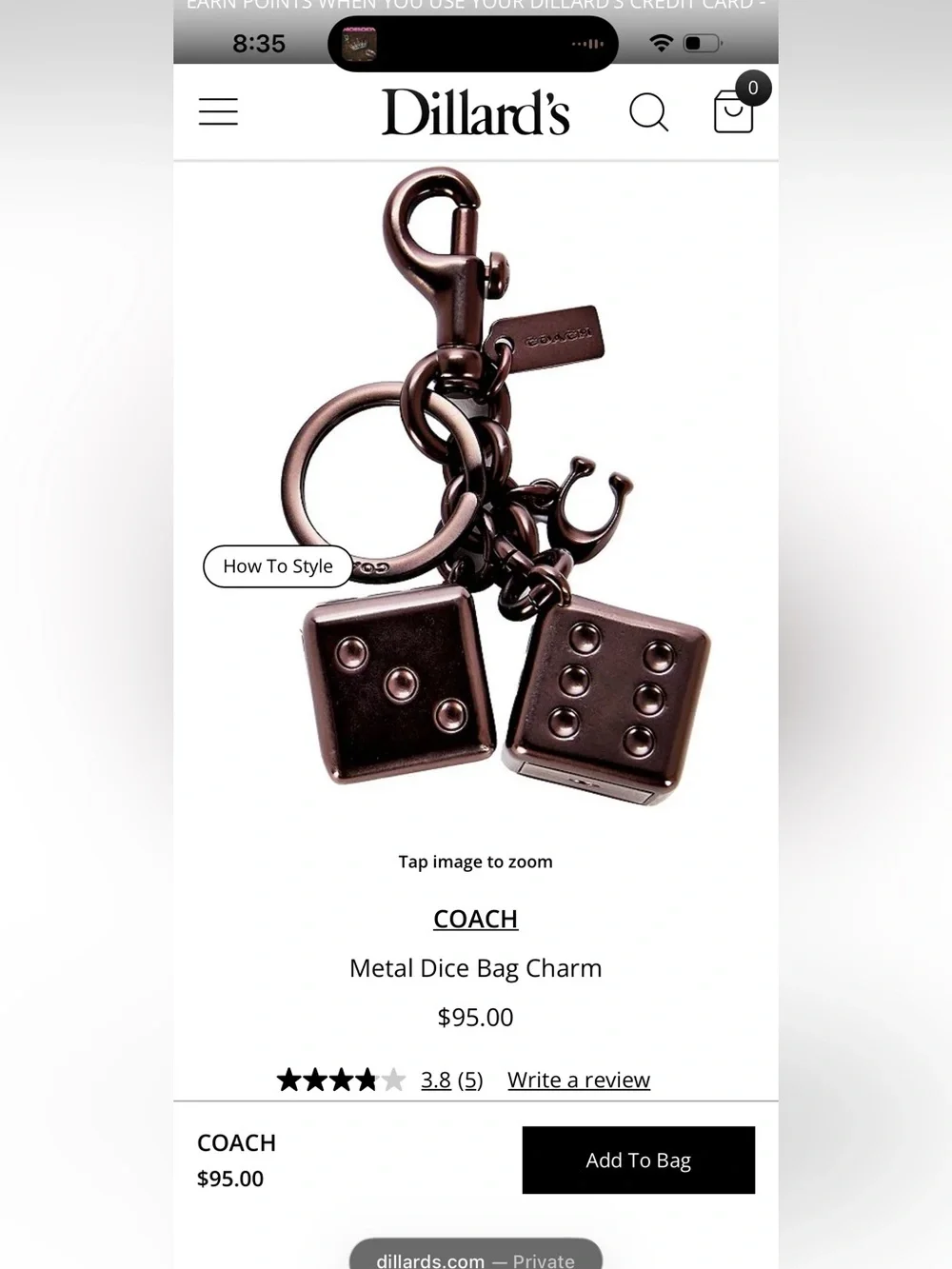 Authentic Coach Metal Dice Bag Charm